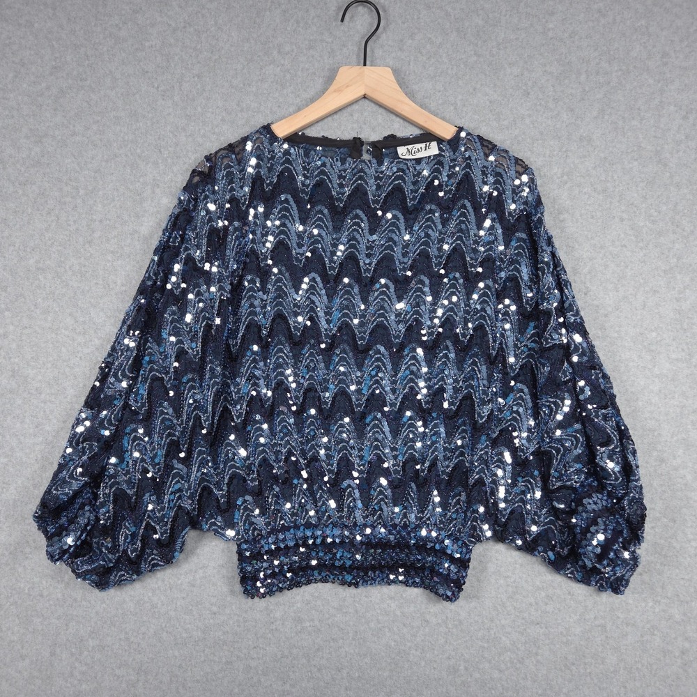 Vintage Miss H Womens Size Small Blue Wavy Sequin Batwing Stretch Disco Shirt